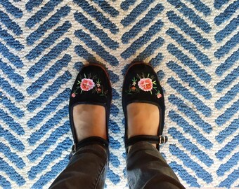Mary Jane China Flats w/Rose Detail