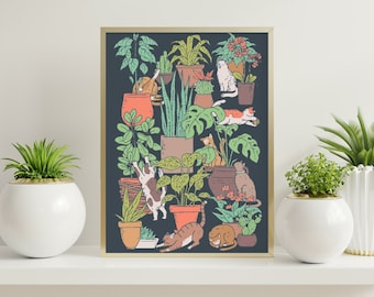 Boho Cats and Houseplants Art Print