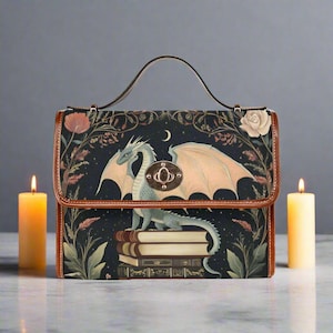 Dragon Bookcore Canvas Bag with Shoulder Strap, Dragon Bag/Dragon Purse/Medieval Dragon, Fantasy Bookcore Bag