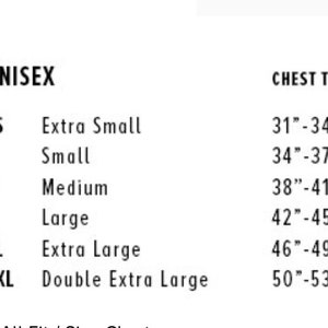 May include: Unisex size chart showing chest measurements in inches. Sizes include XS, S, M, L, XL, and 2XL.