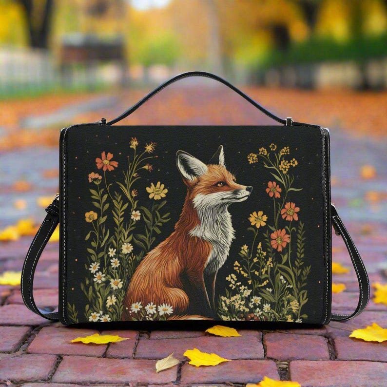 May include: A black leather satchel bag with a fox and floral design. The fox is orange and white and is sitting in a field of flowers. The bag has a long strap and a top handle.