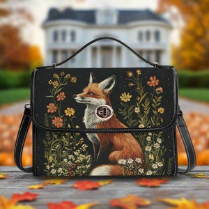 May include: A black leather satchel handbag with a fox and floral design. The fox is orange and white and is surrounded by flowers and leaves. The bag has a gold metal clasp.