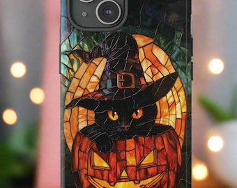 Witch Cat Stained Glass Style Phone Case, Halloween Shockproof Case