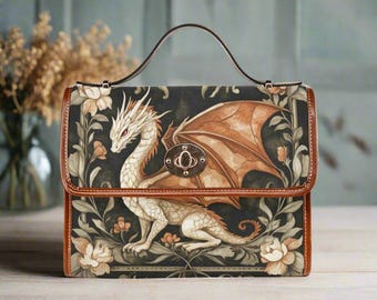 Dragon Canvas Bag with Shoulder Strap, Dragon Bag/Dragon Purse/Medieval Dragon, Goblincore Renaissance Dragon