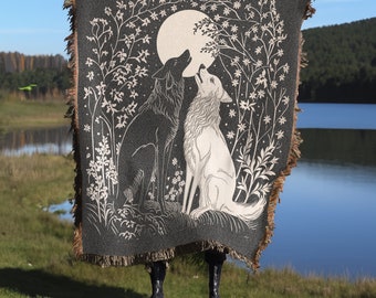 Art Nouveau Wolves Woven Blanket, Wolf Tapestry, Wolves Tapestry, Fairycore Blanket