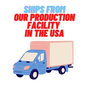 May include: A blue delivery truck with a white box on the back. The truck has the text "SHIPS FROM OUR PRODUCTION FACILITY IN THE USA" above it.