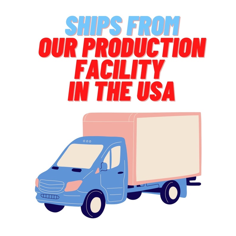 May include: A blue delivery truck with a white box on the back. The truck has the text "SHIPS FROM OUR PRODUCTION FACILITY IN THE USA" above it.