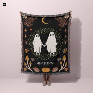 Personalized Ghost Couple Woven Blanket, Halloween Wedding, Goth Wedding