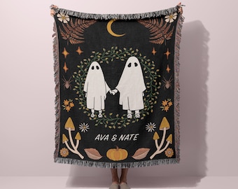 Personalized Ghost Couple Woven Blanket, Halloween Wedding, Goth Wedding