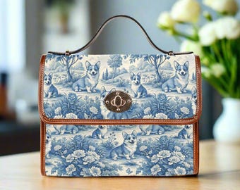 Corgi Print Canvas Bag with Shoulder Strap/Corgi Toile Print Bag/Corgi Bag/Welsh Pembroke Purse, Toile de Jouy Corgi Purse
