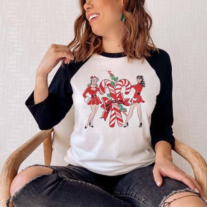 Vintage Pin Up 50s Christmas Baseball Tee, Rockabilly Christmas,Vintage Christmas Shirt,Retro Christmas Shirt image 2