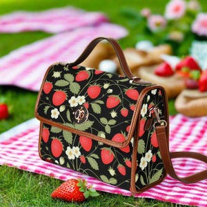 Strawberry Print Canvas Bag with Shoulder Strap/Goblincore Bag/Goblincore Purse/Cottagecore Bag/Cottagecore Purse