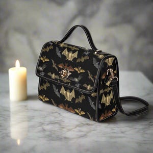 Bat Print Canvas Bag with Shoulder Strap/Dark Academia Bag/Goblincore Bag/Goblincore Purse/Goth Bag