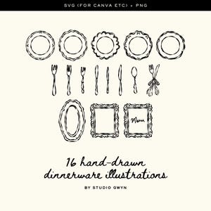 May include: Black and white hand-drawn illustrations of dinnerware, including plates, forks, knives, spoons, and decorative frames. The image includes the text "16 hand-drawn dinnerware illustrations" and "BY STUDIO GWYN".
