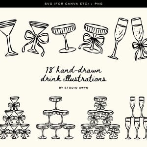 Pode incluir: Ilustrações a preto e branco desenhadas à mão de vários copos de bebidas, incluindo taças de champanhe, copos de Martini e taças. A imagem inclui o texto "18 ilustrações de bebidas desenhadas à mão" e "BY STUDIO GWYN".
