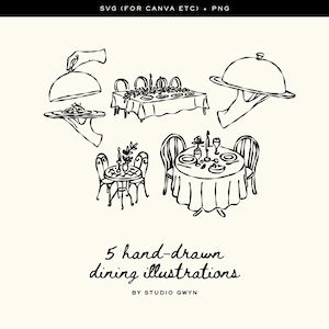 以下が含まれることがあります： 手描きの白黒のダイニングシーンのイラスト。食事のためにテーブルがセットされ、カバー付きの皿を持つサーバー、そして「Studio Gwynによる5つの手描きのダイニングイラスト」というテキストが含まれています。