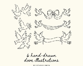Peut inclure: Six illustrations de colombes dessinées à la main en noir et blanc. Les dessins incluent des colombes avec des branches d'olivier, des rubans et des bannières. Le texte indique "6 hand-drawn dove illustrations" et "BY STUDIO GWYN" en bas de l'image.