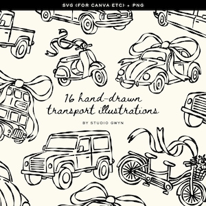 May include: Black and white hand-drawn illustrations of various vehicles, including cars, a scooter, a bus, and a bicycle, are arranged on a cream background. The text "16 hand-drawn transport illustrations" is centered. The artist's name, "STUDIO GWYN," is below the text.
