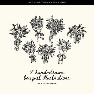 Può includere: Illustrazioni in bianco e nero disegnate a mano di sette bouquet con nastri. Il testo recita "7 illustrazioni di bouquet disegnati a mano" e "BY STUDIO GWYN". I bouquet presentano varie composizioni floreali.