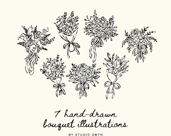 Hand Drawn Bouquet Clipart Bundle SVG PNG: Whimsical Wedding Flower Illustrations for Invitations & Floral Birthday Stationery
