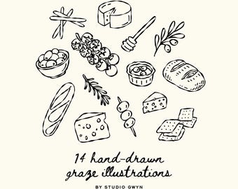 Peut inclure: Illustrations en noir et blanc dessinées à la main de divers éléments de charcuterie, notamment du fromage, des olives et du pain. Le texte « 14 hand-drawn graze illustrations » et « BY STUDIO GWYN » est également inclus.