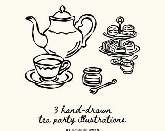 Whimsical Hand Drawn Tea Party Illustration Bundle: SVG PNG Cream Afternoon Tea Clipart for Wedding Invitations, Birthday Stationery & Menus