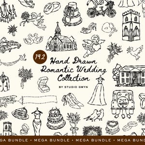 Timeless Hand-Drawn Wedding illustrations, Mega Bundle SVG PNG:  Clipart Set, Cherubs, Rings, Florals, Venues, Ribbons