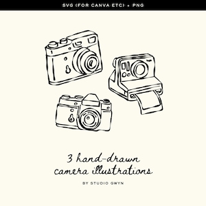 Pode incluir: Ilustração a preto e branco de três câmeras desenhadas à mão. A imagem inclui uma câmera clássica, uma câmera estilo Polaroid com uma foto saindo e uma câmera vintage. O texto na parte inferior diz "3 hand-drawn camera illustrations" e "BY STUDIO GWYN."