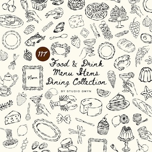 Könnte beinhalten: Schwarz-Weiß-Illustration verschiedener Speisen und Getränke. Enthält Bilder von Pizza, Kuchen, Garnelen, Käse und Cocktails. Der Text lautet "Food & Drink Menu Items Dining Collection" und "BY STUDIO GWYN".