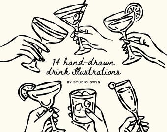 Hand Drawn Champagne & Cocktail Glass Illustration Bundle SVG PNG: Hand Held Drink Clipart for Wedding Invitations and Stationery