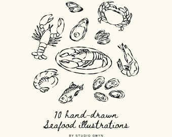 Paquete de imágenes prediseñadas de mariscos dibujados a mano (SVG PNG): ilustraciones de pescado, langosta, ostras y camarones para invitaciones de boda o diseño de menú