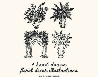 Whimsical Hand Drawn Floral Decor Illustration Bundle: SVG & PNG Flower and Vase Clipart for Wedding Invitations and Birthday Stationery