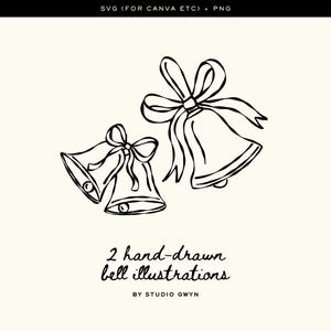 May include: Two hand-drawn bell illustrations with bows, in black ink on a cream background. The text "2 hand-drawn bell illustrations" and "BY STUDIO GWYN" are below the bells.