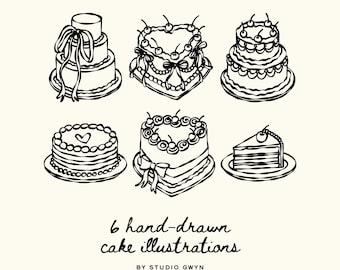 Hand Drawn Cake Clipart Bundle SVG PNG: Whimsical Wedding and Birthday Cake, Heart Shape, Tiered Cherry Bow Dessert Illustrations