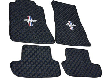 Leather Luxury Mustang Floor Mats – Embroidered Logo, 4-Piece Carpet Set