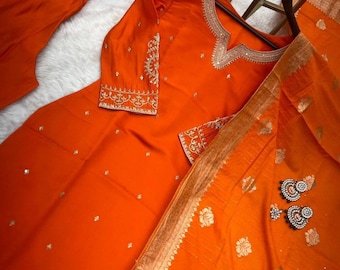 Ensemble kurta romain en soie avec banarsi fait main 3 pièces pour femme Cadeau pour elle Ensemble kurta indien pour femme