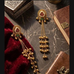 May include: A pair of gold earrings with intricate detailing. Each earring has a circular top with red and green accents, and a chain of small gold beads hanging down. The earrings are displayed on a dark, patterned surface.
