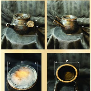 Puede incluir: El Ember Vessel, un recipiente tradicional de medicina china. La olla de cerámica marrón oscuro mide aproximadamente 15 cm de alto y 20 cm de ancho. La tapa tiene 13 cm de diámetro. La olla tiene un pico y un asa decorativa.