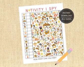 Könnte beinhalten: Ein weißes Blatt mit einem Nativity I Spy-Spiel, das Illustrationen von Engeln, dem Jesuskind und den drei Weisen zeigt. Der Text "INSTANT DOWNLOAD IN 2 SIZES" befindet sich in einem schwarzen Kreis. Ein Bleistift liegt auf der Oberfläche.