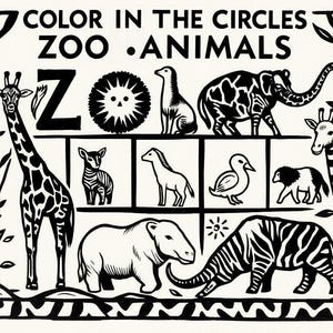 May include: Black and white illustration of zoo animals, including a giraffe, zebra, elephant, and others. The text "COLOR IN THE CIRCLES ZOO ANIMALS" is at the top. The image is designed for coloring.