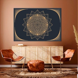 May include: A large, framed artwork featuring a geometric design in gold against a dark blue background. The artwork is the focal point of a room with brown leather chairs, a wooden cabinet, and a round rug. The room has a warm, inviting atmosphere.
