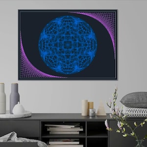 Peut inclure: Impression d'art abstrait encadrée. L'œuvre présente une sphère géométrique bleue avec un motif de réseau sur fond sombre, avec des lignes violettes incurvées. L'impression est affichée au-dessus d'un meuble noir.