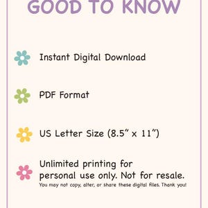 K&ouml;nnte beinhalten: Ein hellrosa Hinweisschild mit violettem Rand und dem Text GOOD TO KNOW. Es listet Details auf, darunter Instant Digital Download, PDF Format, US Letter Size 21,59 cm mal 27,94 cm und unbegrenztes Drucken nur f&uuml;r den pers&ouml;nlichen Gebrauch.