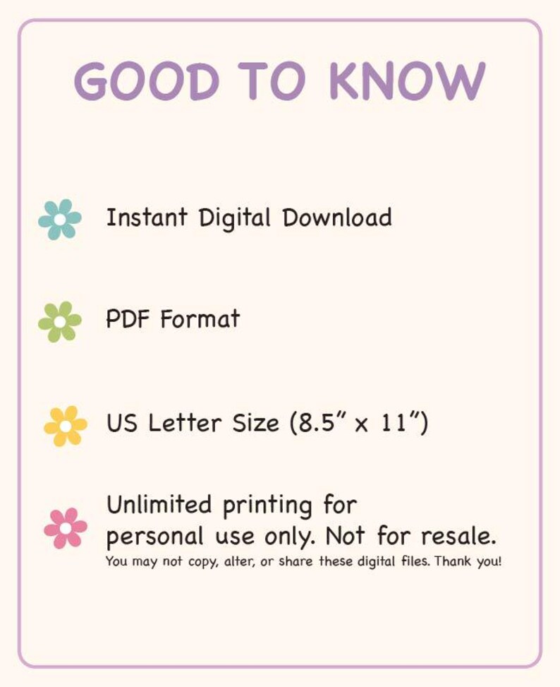 K&ouml;nnte beinhalten: Ein hellrosa Hinweisschild mit violettem Rand und dem Text GOOD TO KNOW. Es listet Details auf, darunter Instant Digital Download, PDF Format, US Letter Size 21,59 cm mal 27,94 cm und unbegrenztes Drucken nur f&uuml;r den pers&ouml;nlichen Gebrauch.