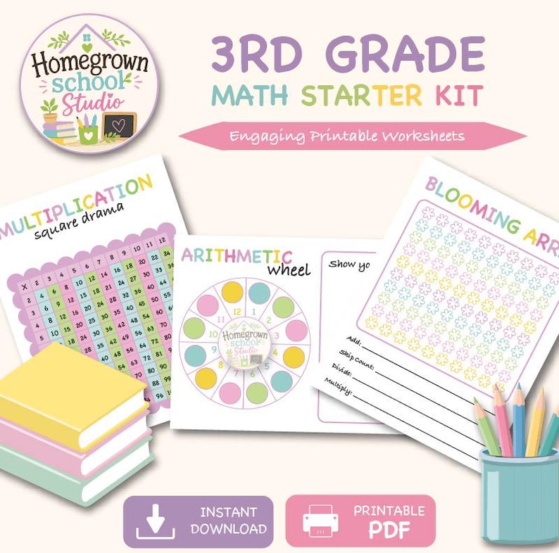 K&ouml;nnte beinhalten: Ein Mathe-Starter-Set f&uuml;r die 3. Klasse mit druckbaren Arbeitsbl&auml;ttern, einem Einmaleins-Quadrat, einem Rechenrad und einem Blumen-Array. Das Set enth&auml;lt drei gestapelte B&uuml;cher in Gelb, Rosa und Hellblau sowie einen Stiftehalter mit Buntstiften.
