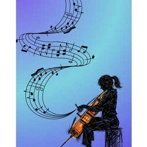 Può includere: Illustrazione di una persona che suona il violoncello, con note musicali sopra. Il violoncello è arancione e lo sfondo è un gradiente blu e viola. L'immagine è tenuta da due fermagli neri.