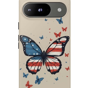 May include: A phone case with a butterfly design. The butterfly wings feature a patriotic design with red and white stripes and blue sections with white stars. Small red and blue butterflies are scattered around the main butterfly on a beige background.