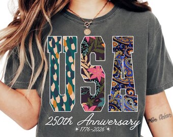 Boho Vintage Comfort Colors USA 250th Anniversary Shirt, 1776–2026 Patriotic T-shirt, 4th of July tee, Women tshirts Independence Day Gift