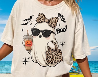 Comfort Colors® Boo Ghost Shirt, Leopard Ghost Tee, Ghost Coffee Shirt, Funny Fall Shirt, Ghost Tee, Girly Halloween Gift, Boo Shirt