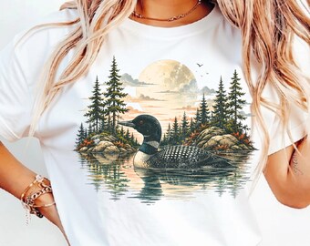 Vintage Loon Lake Graphic Tshirt, Retro Wildlife Bird Landscape sweatshirt Hoodie shirt